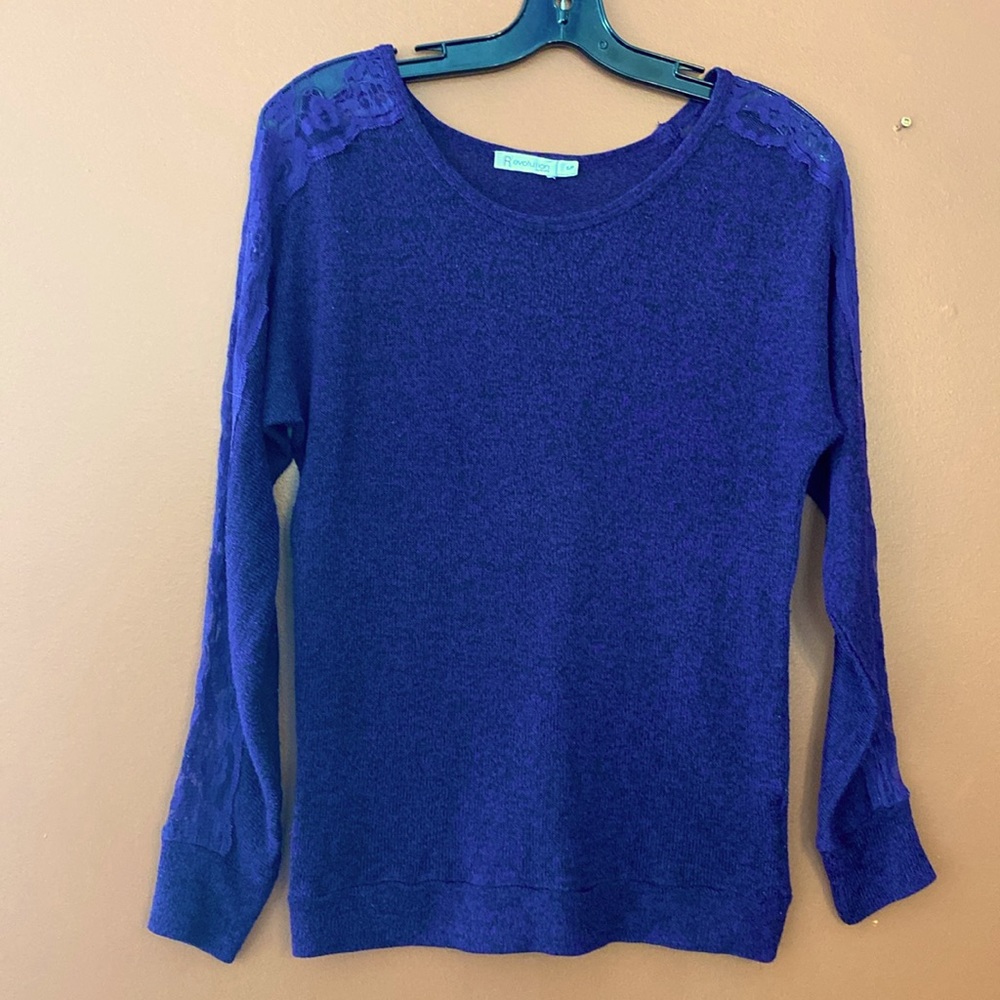 Revolution by Ricki’s ladies purple sweater in size S with lace detailing.